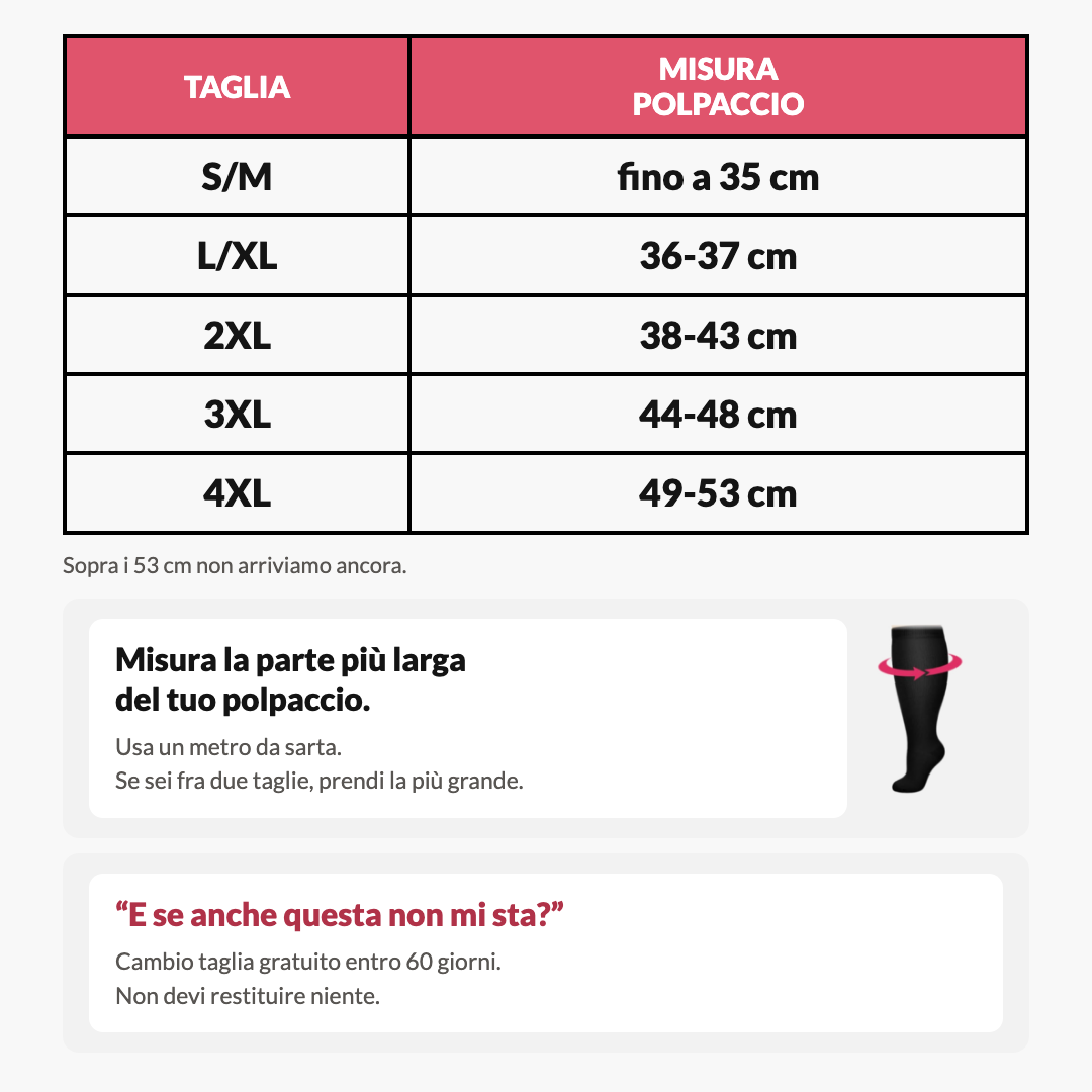 Tabella taglie Vitalis: S/M fino a 35 cm, L/XL 36-37, 2XL 38-43, 3XL 44-48, 4XL 49-53 cm di polpaccio