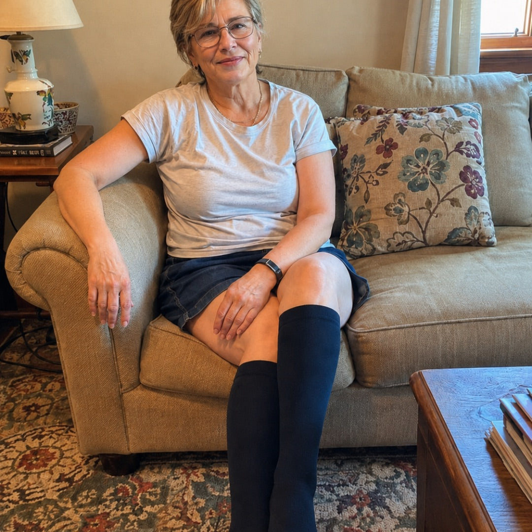 Donna seduta sul divano con calze a compressione blu Vitalis