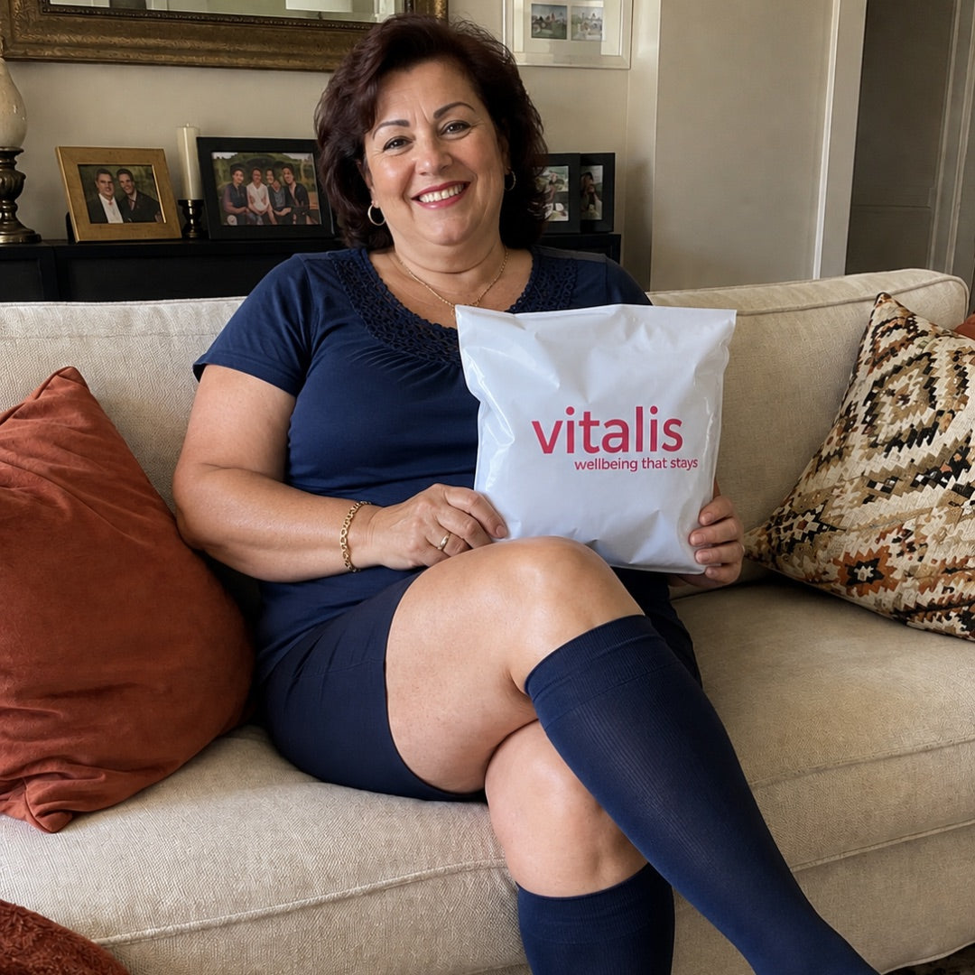 Donna sul divano con il pacco Vitalis e calze a compressione blu