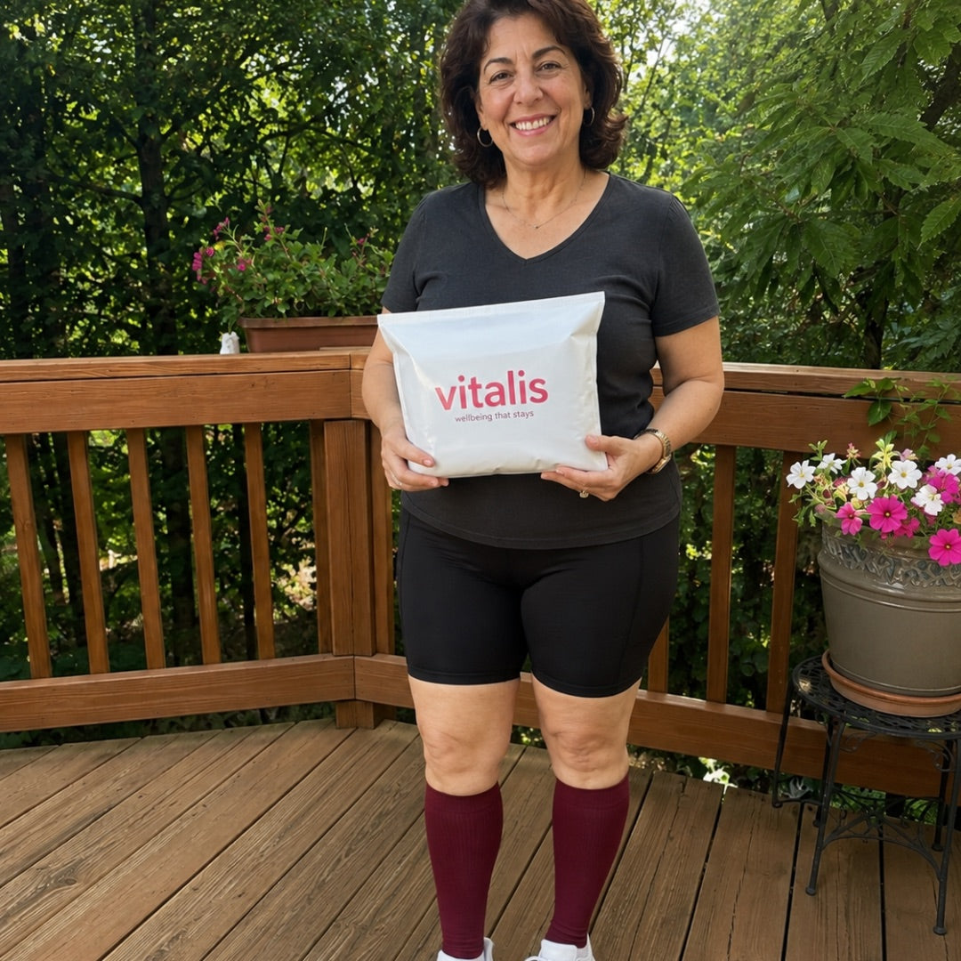 Donna in terrazza con il pacco Vitalis e calze a compressione bordeaux